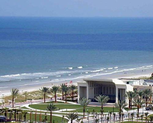 Aerial view of an empty Sea Walk Pavilion with a view of the Atlantic Ocean in the background.